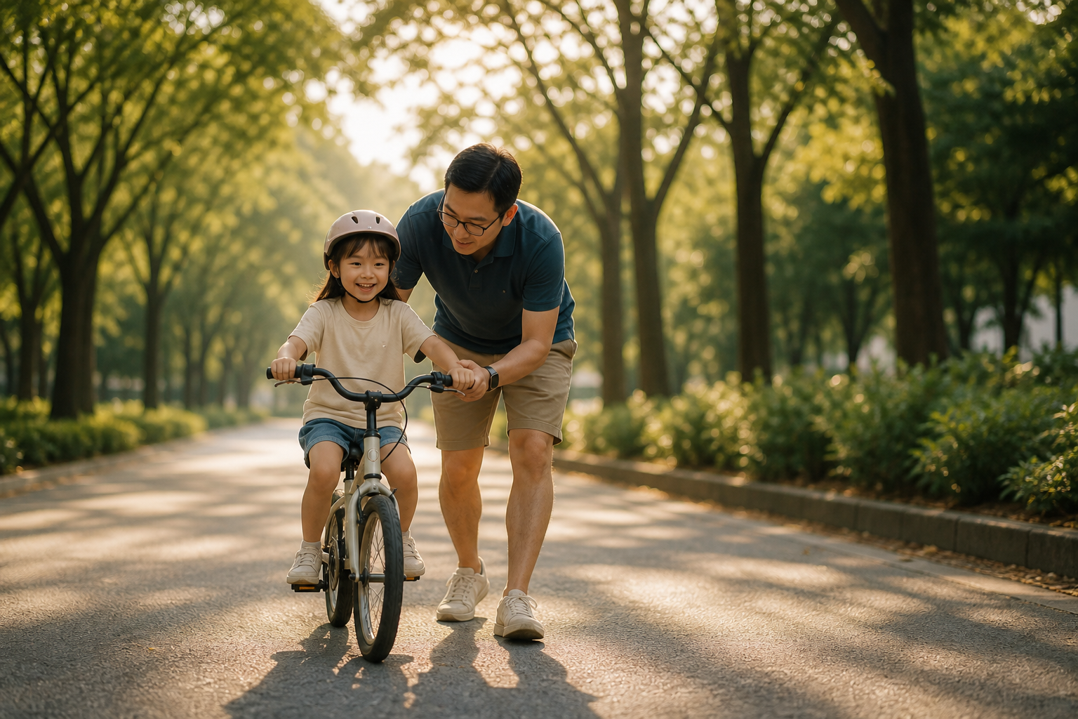 A father steadying the bike as his daughter learns to ride