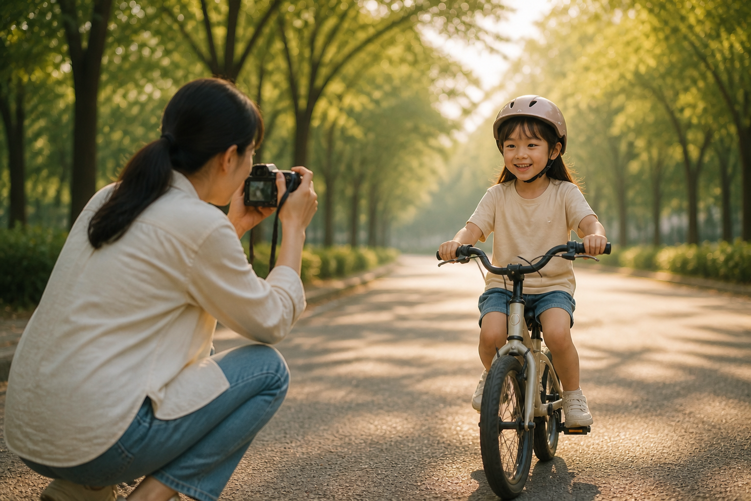 A mother kneeling to photograph her daughter